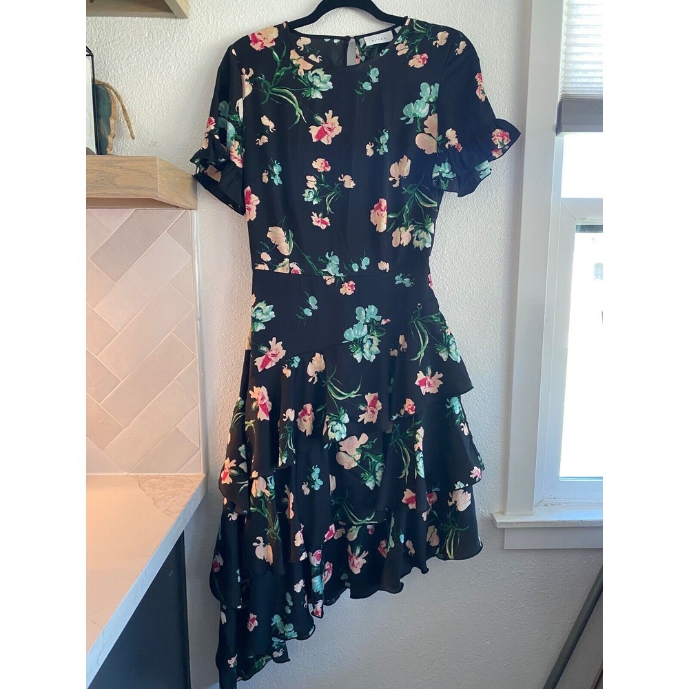 K / Lab Assymetrical Black Floral Dress Ruffle Boho Sz S